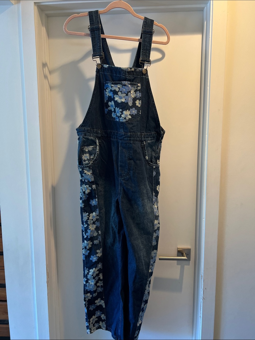 Floral Accent Dark Blue Denim Overalls Jumpsuit